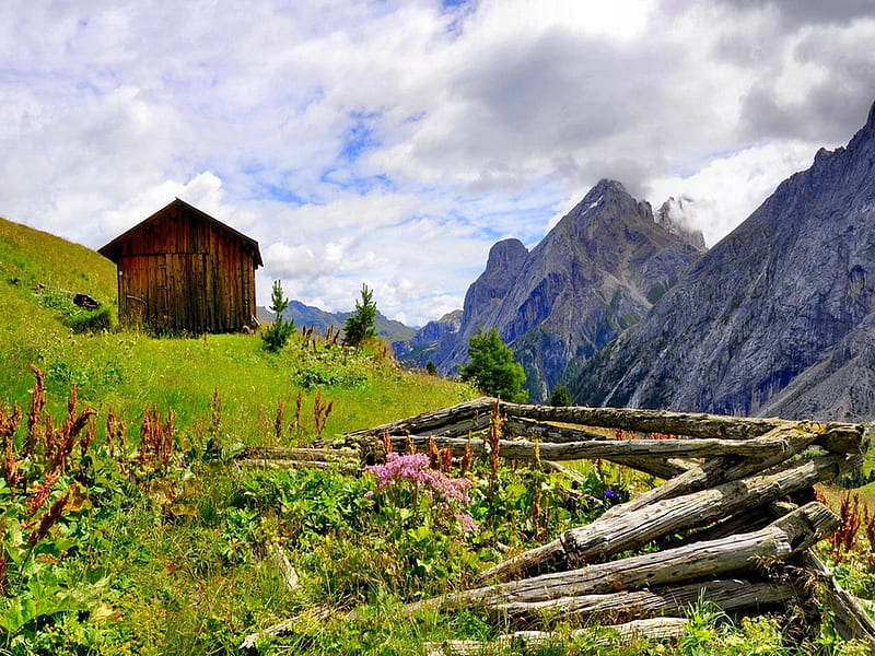Beautiful Place, grass, cottage, bonito, clouds, italia, green, flowers, dolomites, beauty, italy, wood, lovely, view, colors, sky, trees, mountains, peaceful, nature, landscape, HD wallpaper Beautiful Place, grass, cottage, bonito, clouds, italia, green, flowers, dolomites, beauty, italy, wood, lovely, view, colors, sky, trees, mountains, peaceful, nature, landscape, HD wallpaper