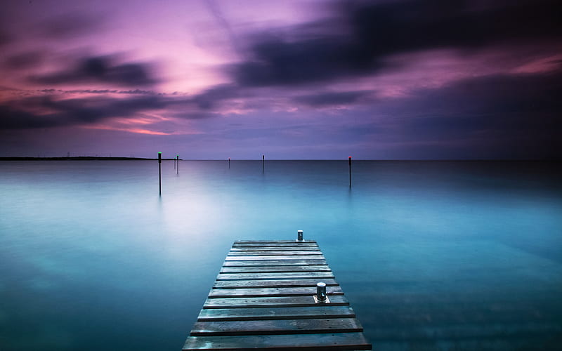 Purple Sky, bonito, sunset, clouds, sea, splendor, beauty, sunrise, blue, amazing, lovely, view, ocean, pier, colors, sky, purple, peaceful, nature, HD wallpaper