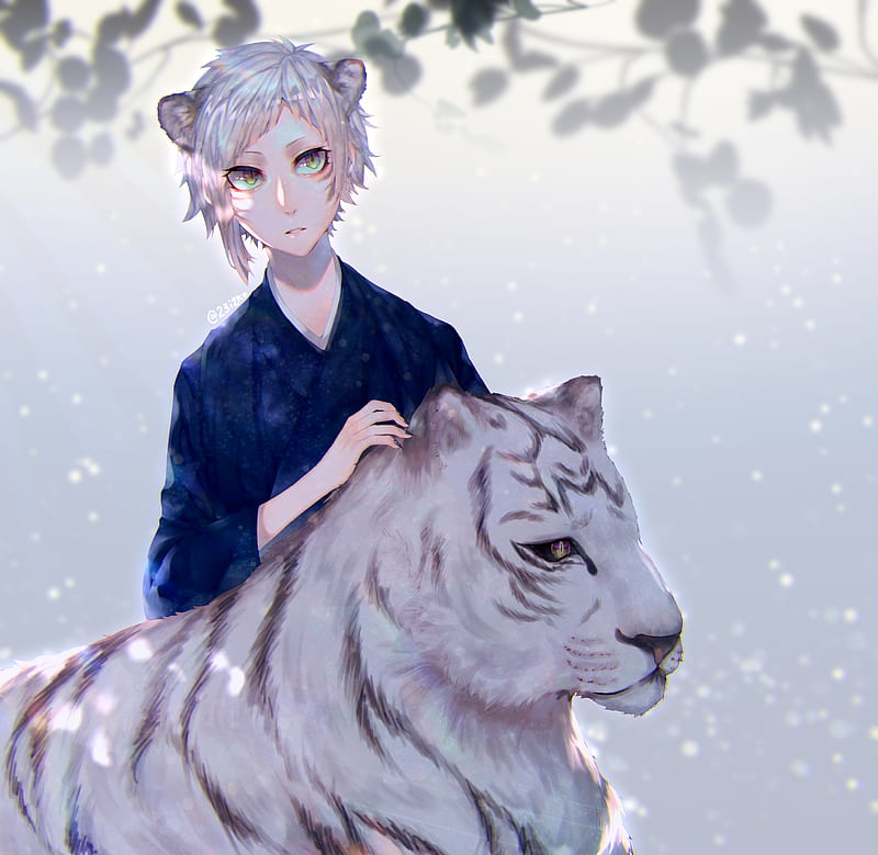 White tiger in the snowy forest and beautiful anime girl with beautiful  hair in beautiful clothes 2K wallpaper download