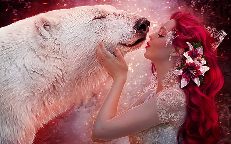 The Kiss, red, redhead, woman, Fantasy, kiss, enchanting, Pink, magical, Sweetness, polar bear, HD wallpaper