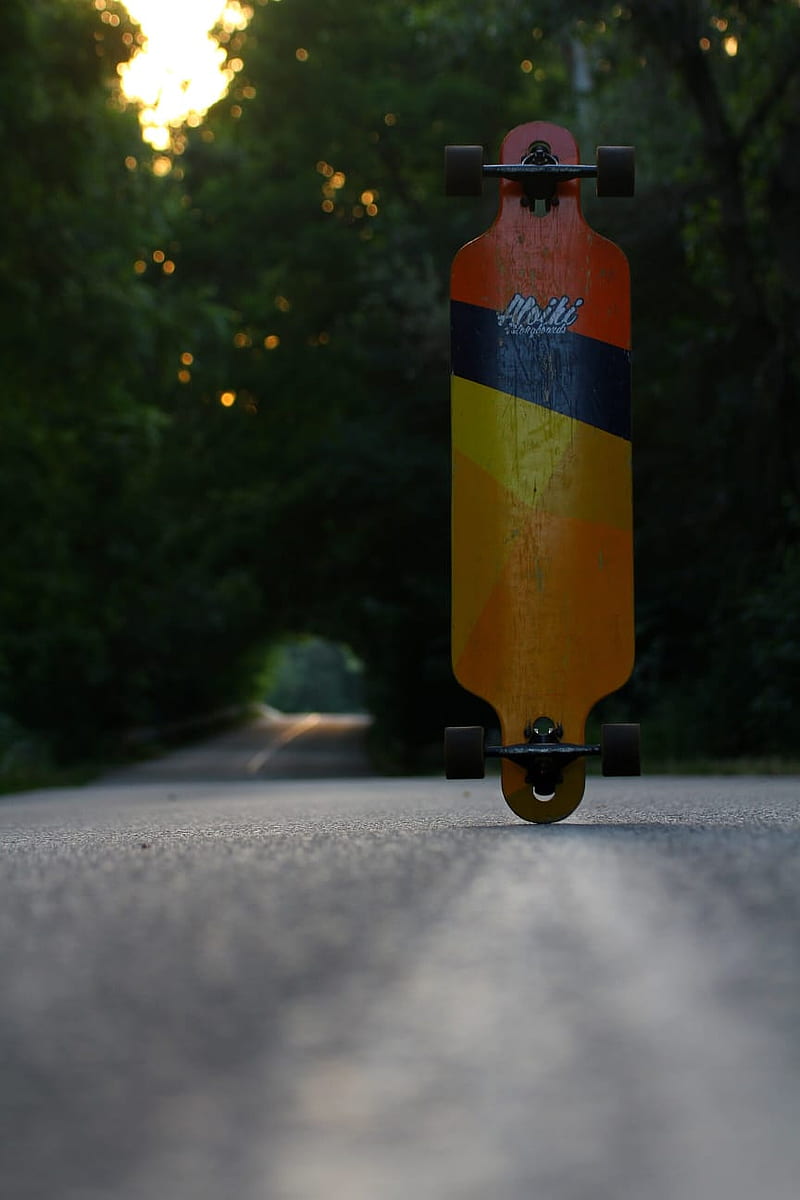 Longboard in woods, leaves, long board, road, skateboard, sunset, super, tunnel, HD phone wallpaper