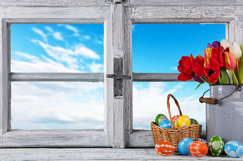 Happy Easter, colorful, easter, clouds, still life, sunrise, tulips, tulips world, tulip, spring time, window, easter eggs, holiday, colors, spring, sky, nature, HD wallpaper