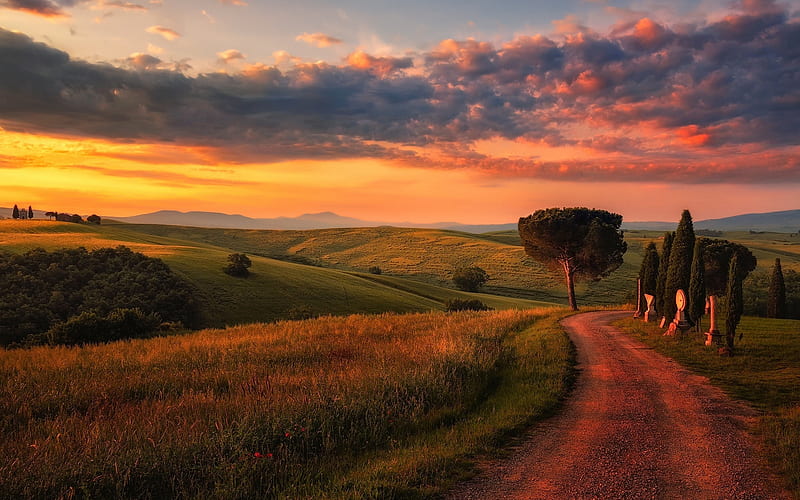Tuscany, sunset, road, Italy, Europe, HD wallpaper