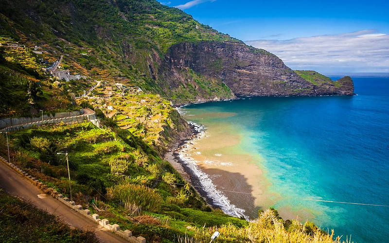 Madeira, sea, mountains, summer, serpentine road, Portugal, HD wallpaper