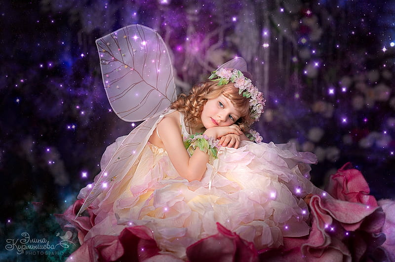 Fairy, wings, fantasy, girl, copil, child, pink, creative, HD wallpaper