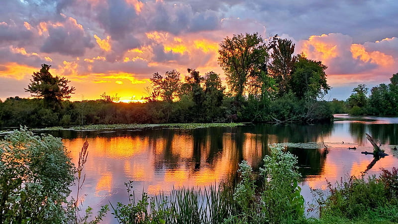 Equinox Sunrise, Akron, Ohio, river, trees, landscape, clouds, colors, sky, reflections, usa, HD wallpaper