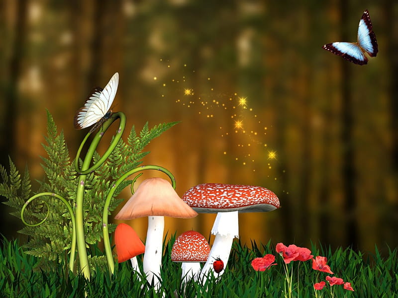 Fantasy background, pretty, forest, colorful, art, lovely, grass, background, bonito, butterflies, magic, fantasy, nice, flowers, mushrooms, enchanted, meadow, HD wallpaper