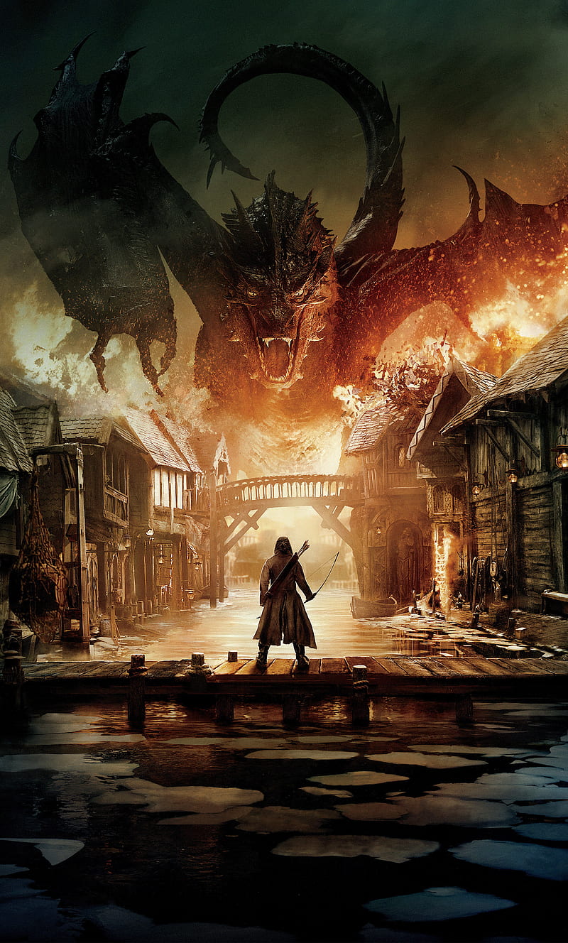 Hobbit 3, art, fantasy, fire, fragon, gandalf, hobbit, lord of the rings, guerra, HD phone wallpaper