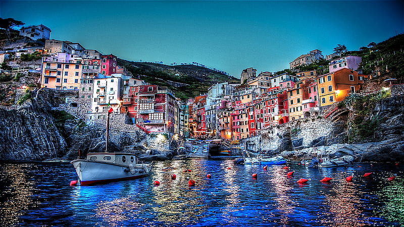 Riomaggiore, pretty, water, boat, houses, dusk, italy, HD wallpaper