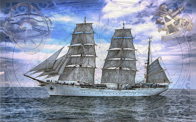 The Gorch Fock, ocean, training ship, sailing, waves, sky, compass, sailing ship, sea, boat, water, ship, sextant, sailboat, HD wallpaper