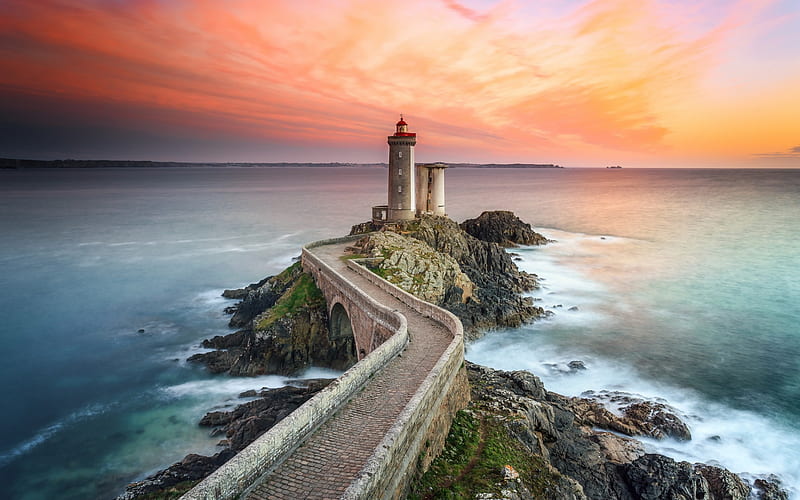 lighthouse, sunset, seascape, bay, coast, sea, evening, HD wallpaper