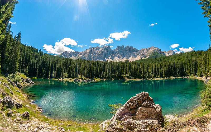 Karersee Lake, forest, summer, stones, Italy, HD wallpaper