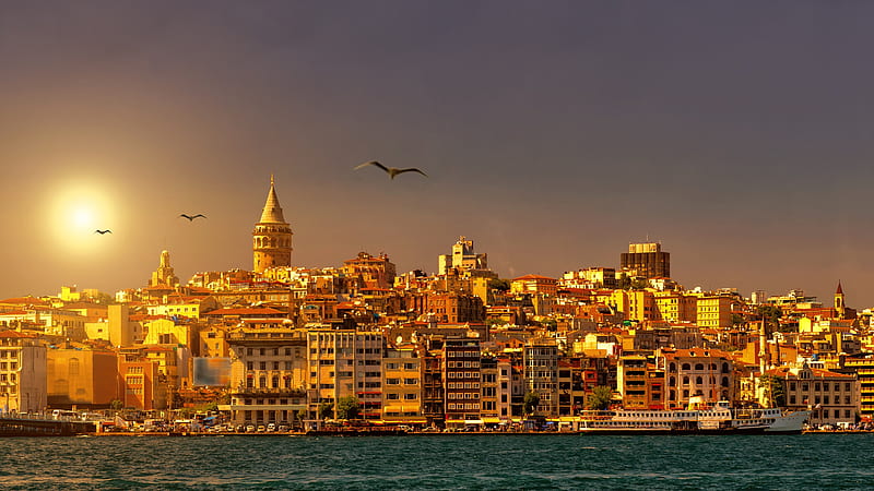 Istanbul, city, water, turkey, sunset, sea, HD wallpaper