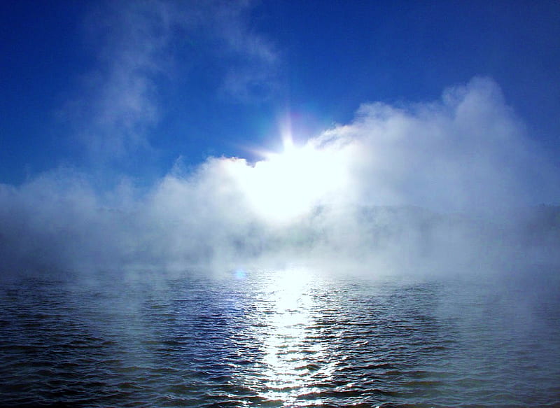 Silver fog, sun, morning, silvery, lake, fog, HD wallpaper