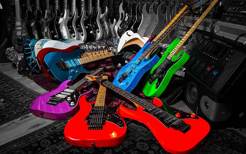electric guitars, musical instruments, colorful guitar, speaker, HD wallpaper