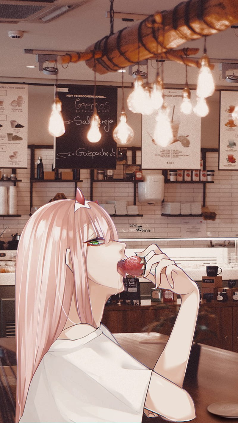 Zero Two, 02, anime, coffe, darling, darling in the franxx, girl, light, otaku, strawberry, HD phone wallpaper
