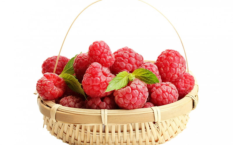 Raspberries, red, green, food, basket, raspberry, white, dessert, sweet, HD wallpaper