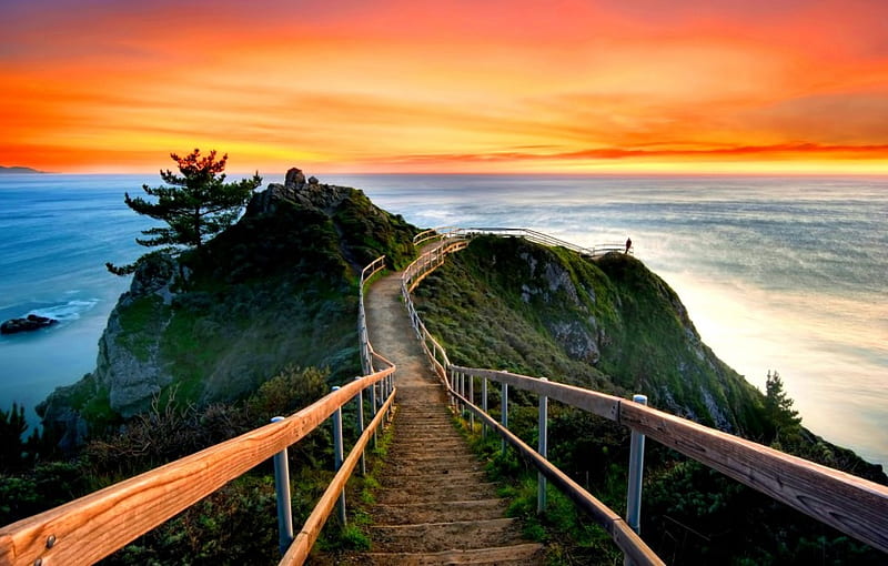 Sunset in California, path, colors, cliff, sky, wooden, sea, HD wallpaper