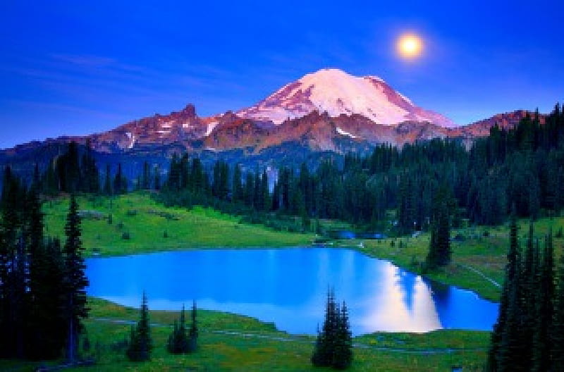 HIDDEN LAKE under MOONLIGHT, moon, National Park, mountains, Washington, lake, landscape, HD wallpaper
