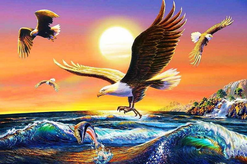 Bald Eagles, sun, fish, painting, sunset, sky, sea, HD wallpaper