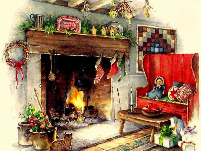 Country Cozy, wreath, quilt, flowerpots, fireplace, flame, table, candle, holiday, christmas, apples, bench, cat, doll, stockings, basket, gifts, pillows, HD wallpaper