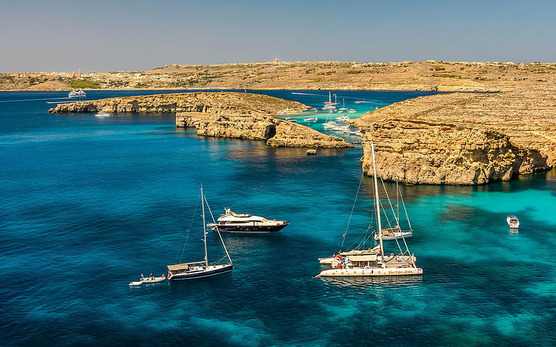 Malta, Mediterranean Sea, yachts, rocks, coast, summer, HD wallpaper