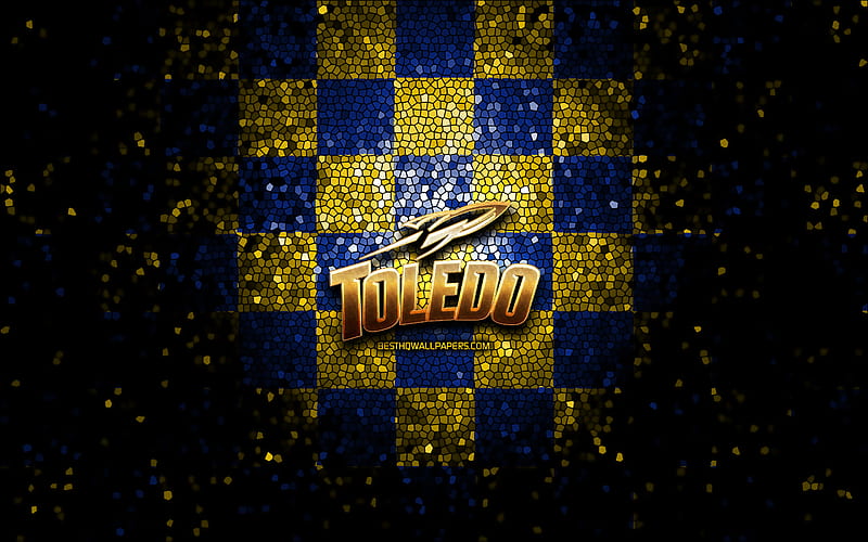 Toledo Rockets, glitter logo, NCAA, blue yellow checkered background, USA, american football team, Toledo Rockets logo, mosaic art, american football, America, HD wallpaper