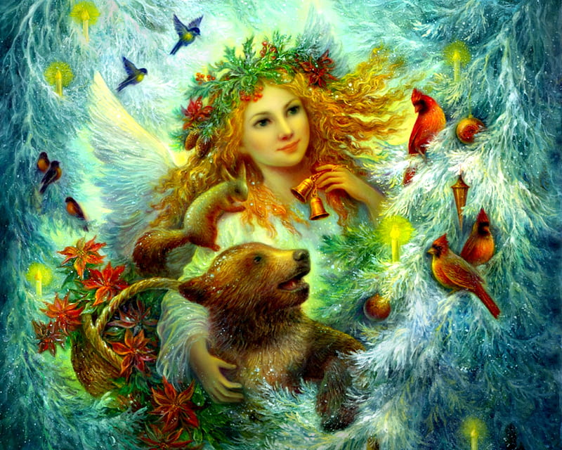 Winter angel, art, luminos, angel, nadia strelkina, bear, winter, red cardinals, fantasy, girl, bird, blue, HD wallpaper