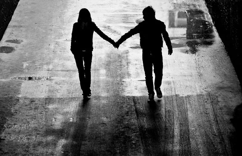 city, black and white, silhouettes, street, loving couple, HD wallpaper