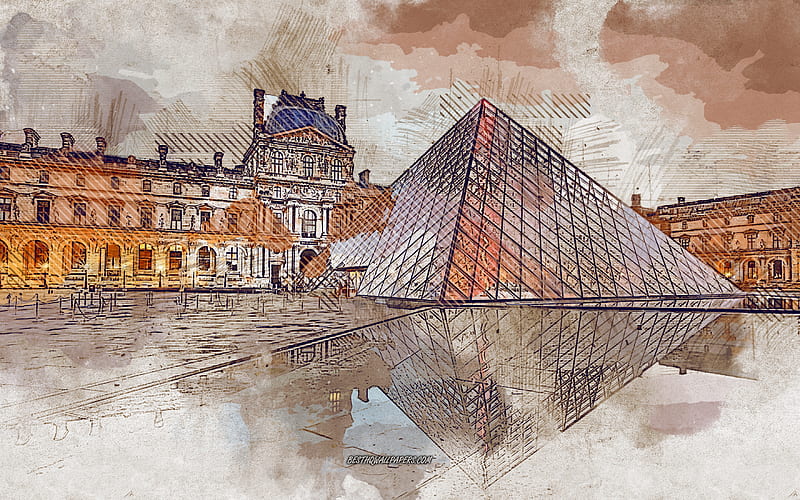 Louvre Museum, Paris, France, grunge art, creative art, painted Louvre Museum, drawing, Louvre Museum abstraction, digital art, painted Paris, HD wallpaper