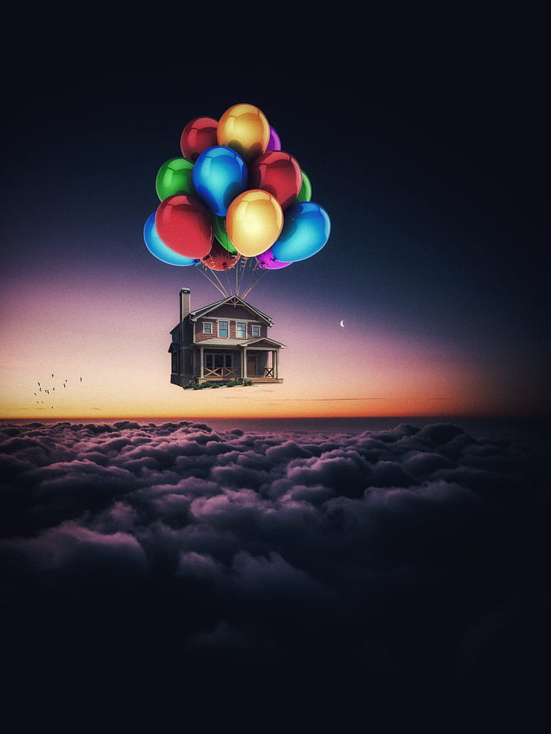 House flying balloons, GEN_Z__, collage, digital, digital art, digital artist, digital manipulation, flight, gen z, gen-z, gen_z, gen_z_, genz, manipulation, montage, hop, hop art, hop artist, surreal, surreal art, surreal artist, surrealist, HD phone wallpaper