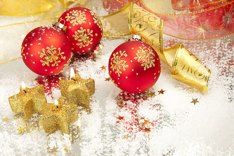 Happy holidays!!!, red, pretty, christmas balls, bonito, still life, graphy, ball, nice, gold, beauty, star, stars, lovely, holiday, christmas, ribbon, golden, colors, happy new year, cool, merry christmas, balls, snow, HD wallpaper