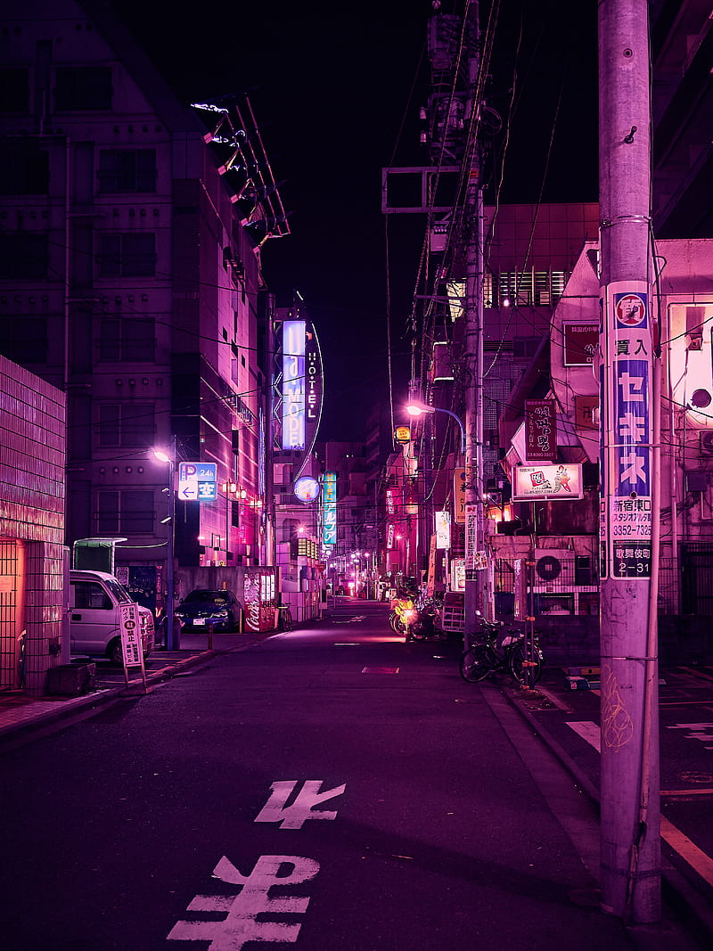 street, neon, night city, backlight, purple, tokyo, HD phone wallpaper