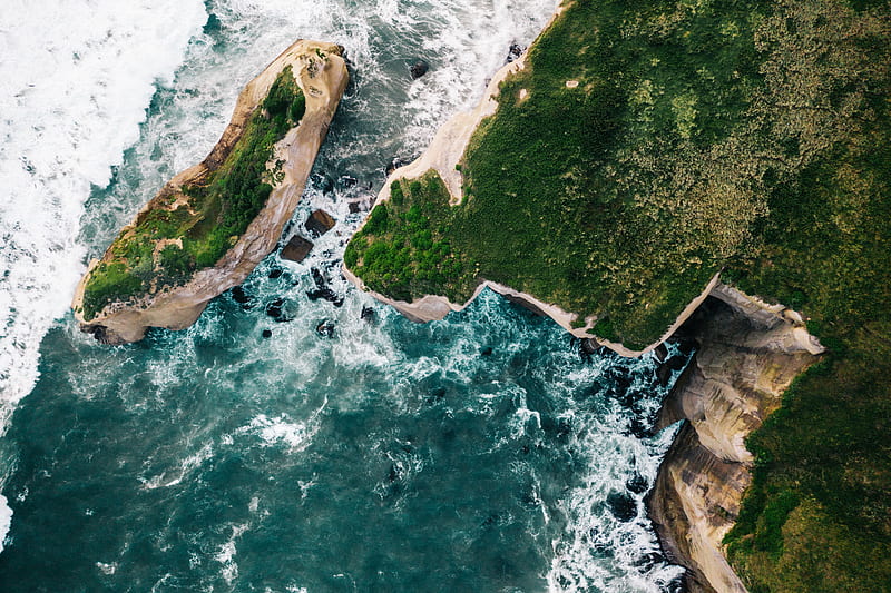 rocks, island, aerial view, sea, surf, HD wallpaper