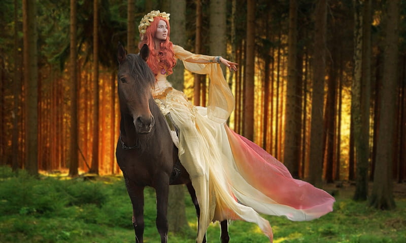 Lovely Model on a Horse, forest, lovely, Camelot days, woods, gown, feminine, bonito, horse, HD wallpaper