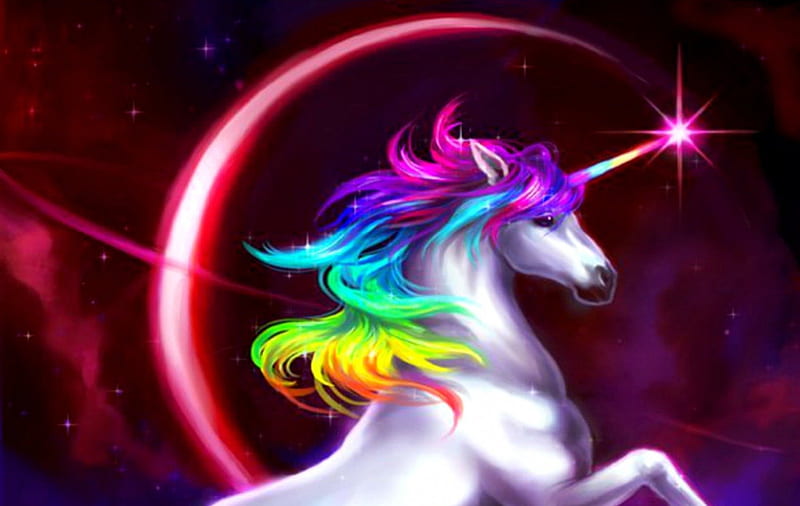 Rainbow unicorn, unicorn, yellow, rainbow, horse, animal, fantasy, moon, green, purple, white, pink, blue, HD wallpaper