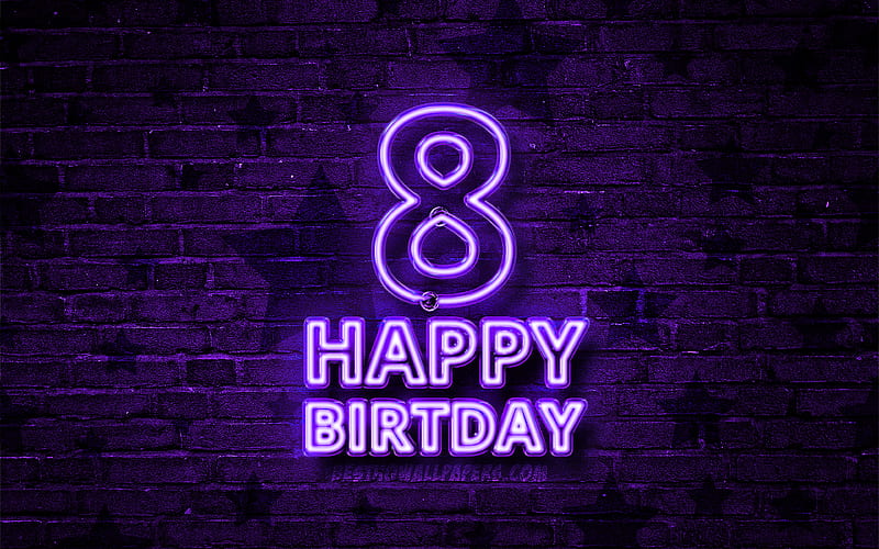 Happy 8 Years Birtay violet neon text, 8th Birtay Party, violet brickwall, Happy 8th birtay, Birtay concept, Birtay Party, 8th Birtay, HD wallpaper