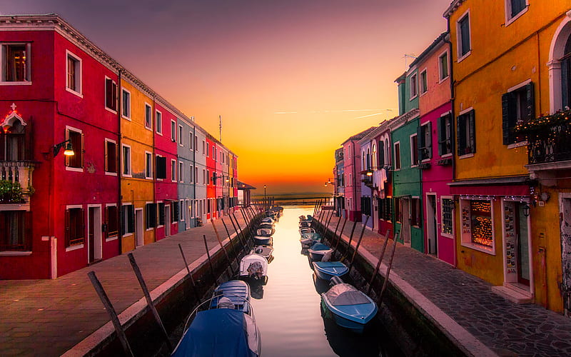 Venice, canal, gondolas, sunset, Europe, Italy, HD wallpaper