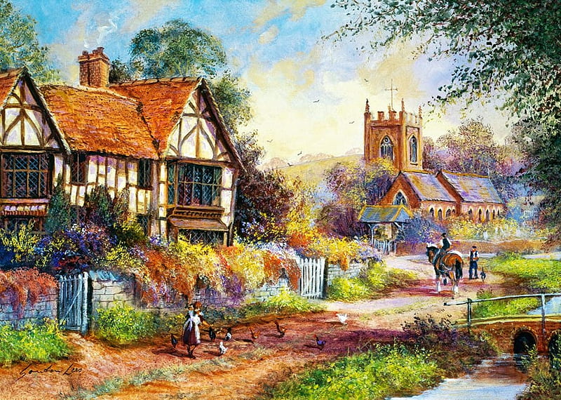 Rural Life, people, houses, painting, path, village, artwork, HD wallpaper