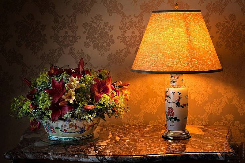 Lamp w Flowers, flowers, lamp, bonito, HD wallpaper | Peakpx