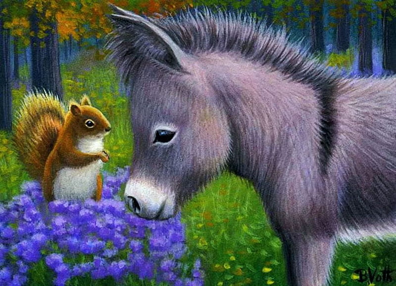 A Buddy for Little Burro, donkey, squirrel, dlowers, painting, artwork, HD wallpaper