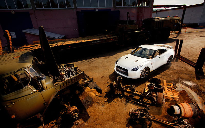 Nissan Skyline GTR, white, gtr, junkyard, nissan, HD wallpaper