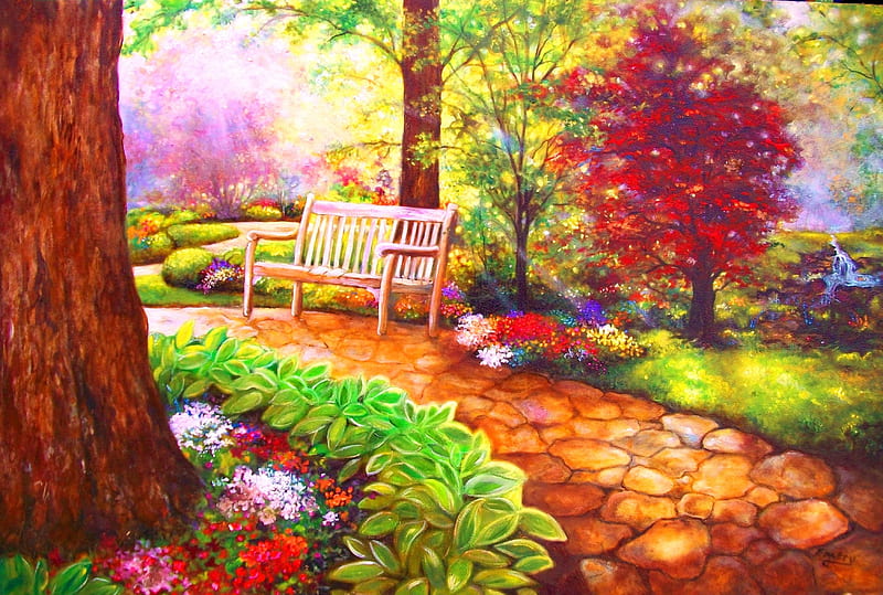 Spring garden, rest, colorful, art, refreshing, relax, bench, scent, bonito, spring, trees, fragrance, freshness, painting, path, garden, walk, HD wallpaper