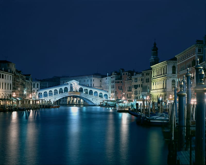 Cities, Night, Italy, Venice, City, Light, Bridge, River, Gondola, Rialto Bridge, , Canal, HD wallpaper