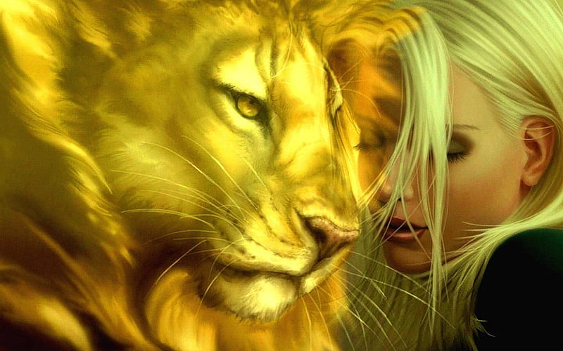 :), lion, lei, yellow, fantasy, face, girl, HD wallpaper