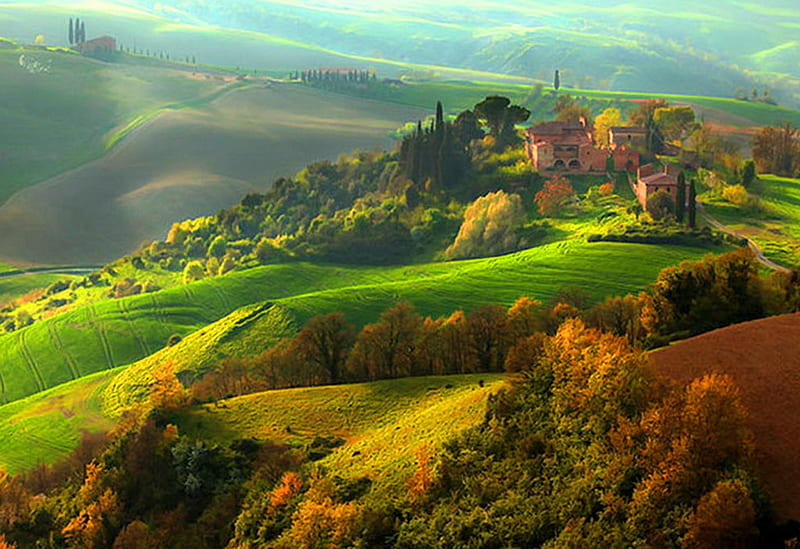 Morning hill, house, green, plants, bonito, morning, trees, hill, landscape, HD wallpaper