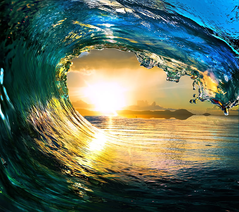 Wave, ocean, sea, sun, sunset, water, HD wallpaper