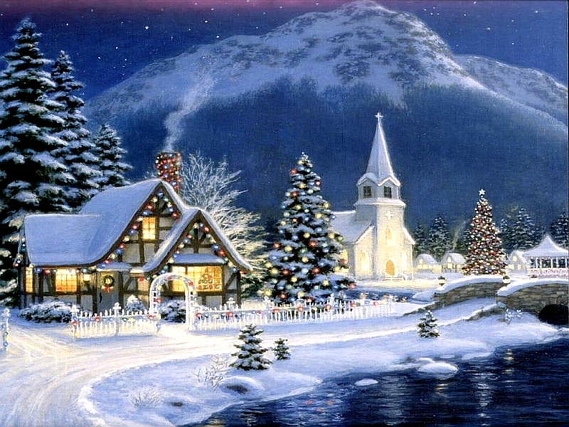 CHRISTMAS EVE, house, christmas, church, lights, winter, cold, snow, mountains, evening, HD wallpaper
