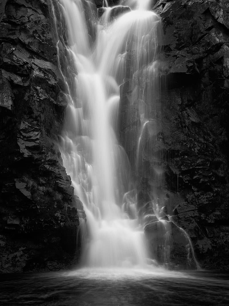 waterfall, water, rock, black and white, HD phone wallpaper