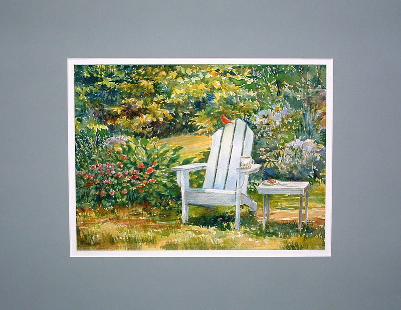 My Favourite Spot, table, peace, serene, cup, flowers, garden, chair, tranqulity, cardinal, HD wallpaper